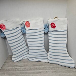 Set of 3 Cozy Striped‎ Knit Holiday Christmas Stockings Blue White Pom Poms